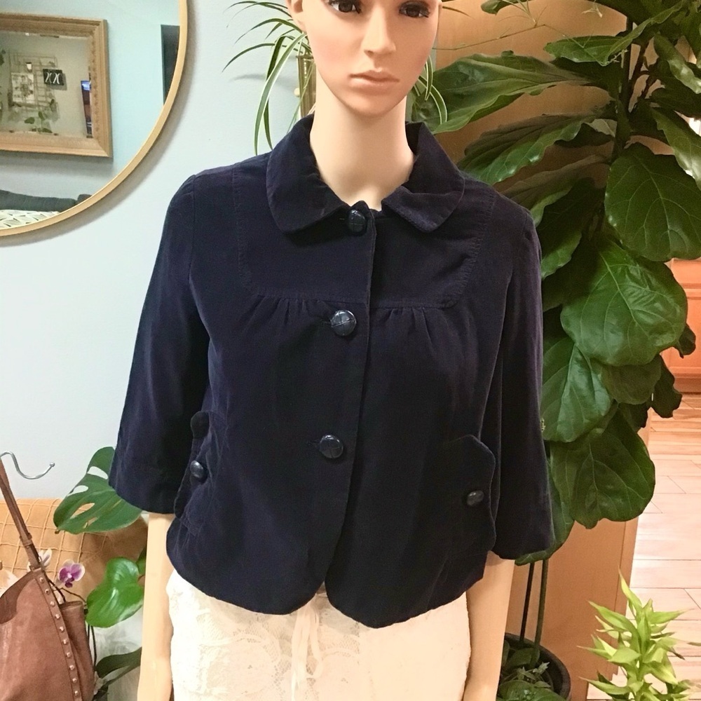 Navy Blue Velveteen Cropped Jacket Size Small Swing Pintuck Pleats Women Jacket